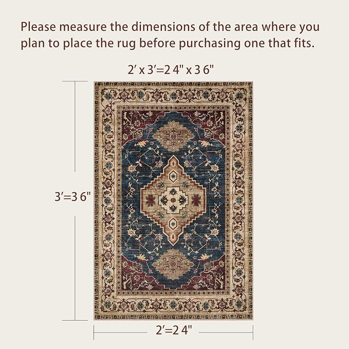 Tangsoo Oriental 2x3 Washable Rugs, Vintage Non Slip Small Area Rug, Indoor Front Door Rug for Entryway, Door Mat Indoor Entrance Soft Low Pile Throw Rugs for Entry Kitchen Bedroom Dark Blue Beige
