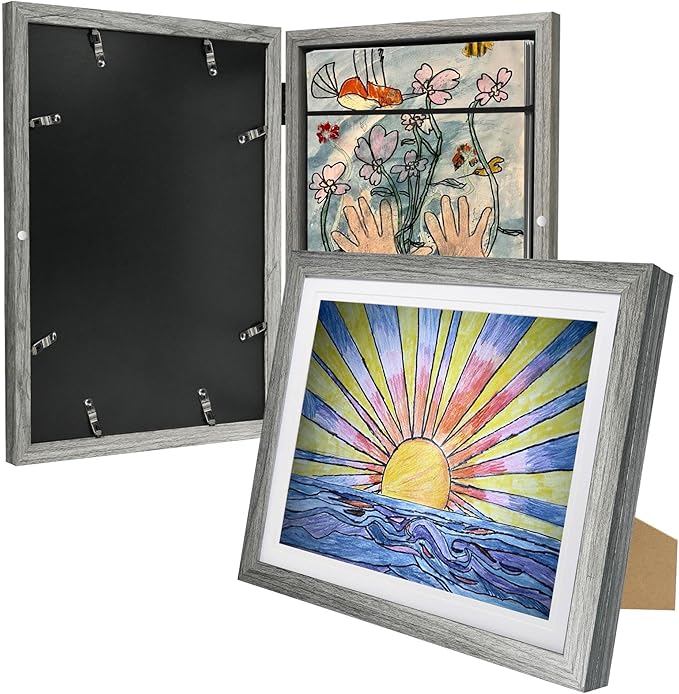 2-Pack Kids Artwork Frames Changeable 10x12.5 with Easel Stands, Hangers, Backboards, Shatterproof Plexiglass | 2 Mats Fit 9x12, 8.5x11, A4 Paper Sizes | Large and Easy-Access Kids Art Frame Display and Storage for up to 100 Sheets (Gray)
