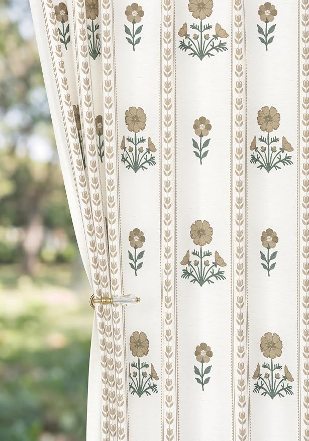 THREE GIRLS Pinch Pleated Light Filtering Linen Blend Floral Block Print Curtains for Bedroom, Dining Room, Living Room, Farmhouse, Memory Trained, Hooks, 2 Panels Set, 40"x84", Brown