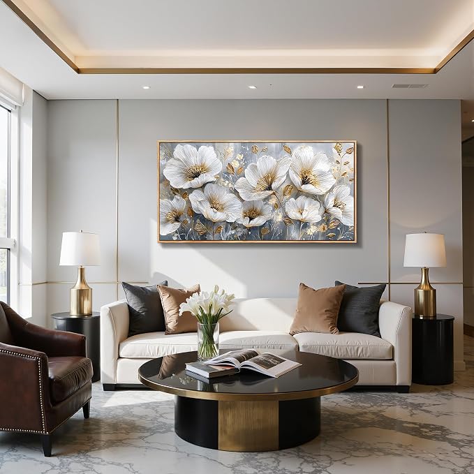 imjiayu Large Wall Decor, Flower Wall Art, Framed Wall Art, Botanical Floral Luxury Paintings, White Gold Modern Wall Decor for Living Room Bedroom Dining Room Hallway Office Picture Prints 24"x48"