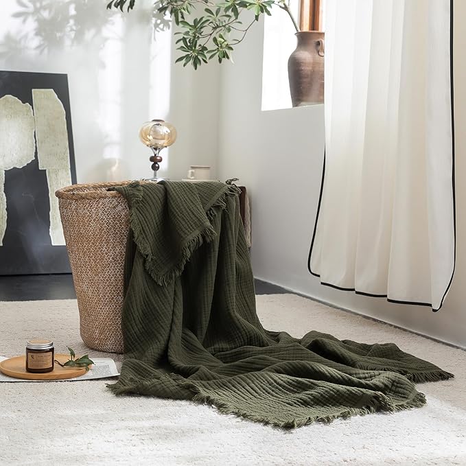 FOSSA Muslin Blanket 4-Layer 100% Cotton Gauze Blanket with Fringe 50"x70" | Super Soft Breathable Lightweight All Season & Decorative Blanket or Bed, Sofa, Office (Olive Green,Throw XL)