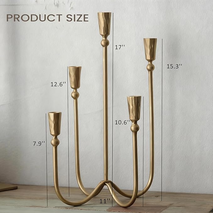 BANOMII Large Iron Candelabra Centerpieces for Tables, 17.7'' Tall Taper Candle Holders, Vintage Brass Gold Candlestick Holders, Antique Fireplace Mantel Decorations for Living Room, 5 Arms