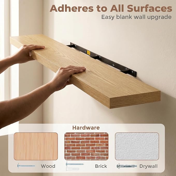 Venusmiles Floating Shelves for Wall, 55 Inch Floating Shelves Set of 1, 6.5" D Wooden Wall Mounted Display Shelves with Invisible Brackets for Living Room, Bedroom, Bathroom, Kitchen Decor, Oak