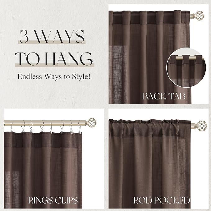 Jowels Coffee Linen Curtains 96 Inch Long 2 Panels for Living Room | Brown Light Filtering Semi Sheer Curtain,Back Tab Pocket Pleated Look,Farmhouse Textured Privacy Drapes for Bedroom Window