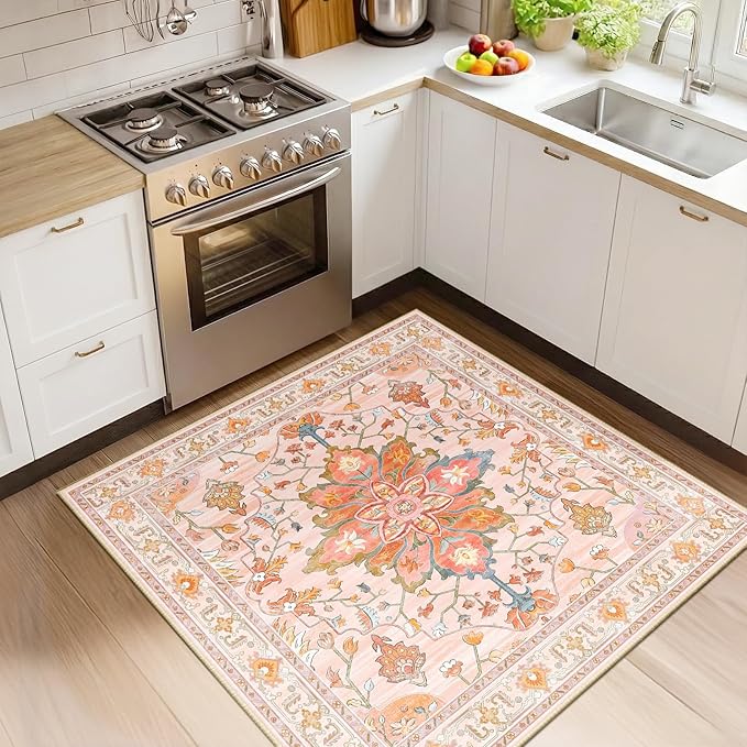 RELEANY Area Rugs Square 4ft Washable Non-Slip, Floral Vintage Distress Print Pattern Medallion Carpet for Living Room Bedroom Dining Room, Light Pink Colorful
