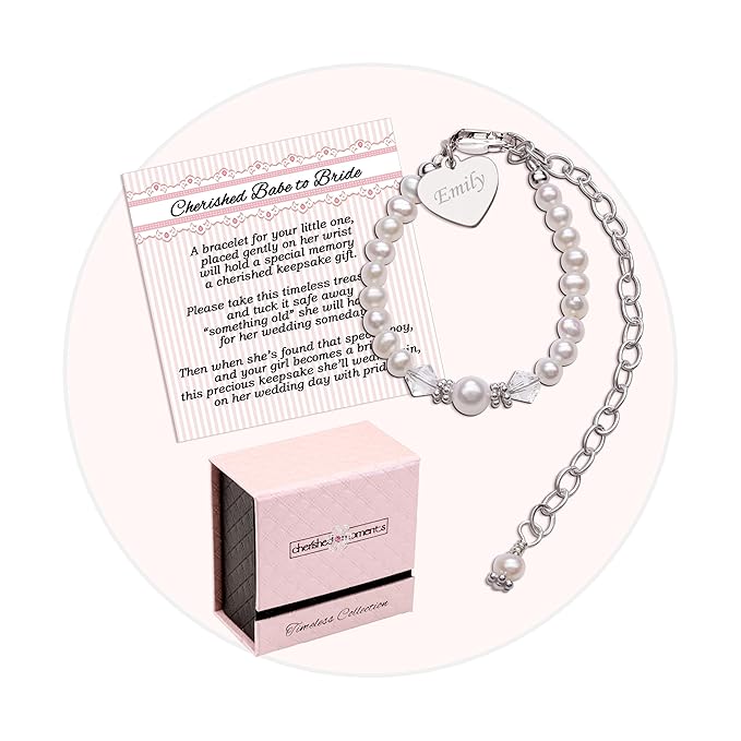 Cherished Moments Personalized Cherished Babe to Bride Keepsake Bracelet with Engraved Heart in 925 Sterling Silver and Cultured Pearls for Baby Girl