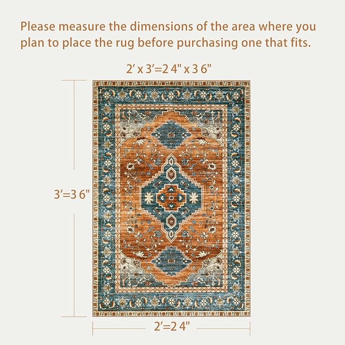 Tangsoo Oriental Small 2X3 Washable Rugs for Entryway, Vintage Non Slip Rug Carpet, Indoor Front Door Rug, Door Mat Indoor Entrance Soft Low Pile Throw Rugs for Entry Kitchen Bedroom Orange/Blue