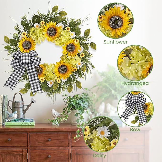 Sunflower Wreaths for Front Door, 22 Inch Spring and Summer Welcome Wreath with Bow for Farmhouse Porch Wall Window Home Decor for Indoor Outdoor Housewarming Gift