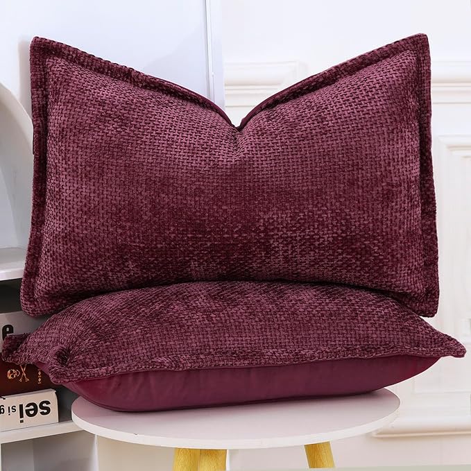 MADIZZ Decorative Chenille Velvet Throw Pillow Covers Set of 2 Soft Boho Textured Neutral Couch Throw Pillow for Bed Modern Farmhouse Home Decor for Sofa Livingroom Burgundy 12x20 Inch