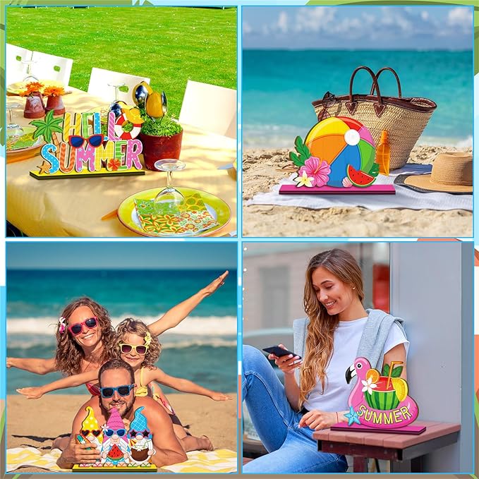 Cinnvoice 6 Pcs Summer Table Decorations Wooden Table Centerpieces Rustic Wood Tabletop Sign Decorations for Home Kitchen Office Farmhouse Desk Shelves Party Tiered Tray Decor