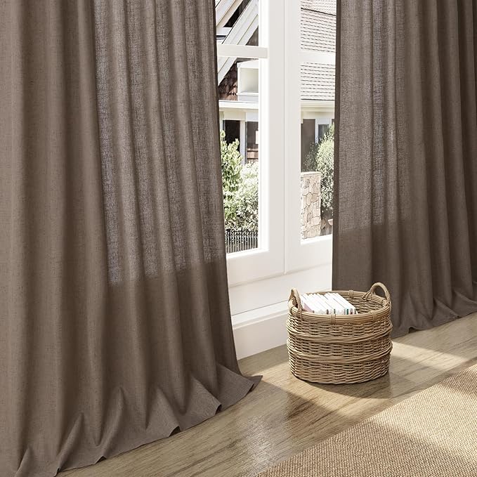 Light Brown Linen Curtains 63 Inches Long for Bedroom Back Tab Light Filtering Privacy Sheer Curtains Modern Farmhouse Coastal Decor Light Brown Cotton Textured Gauze Curtain for Bathroom 2 Panel Set