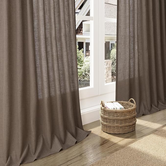 Extra Long Light Brown Curtain 108 Inches Long 2 Panels Set Back Tab Linen Drapes for Living Room Neutral Farmhouse Light Filtering Semi Sheer Linen Curtains 108 Inch Length for Large Window 9 FT