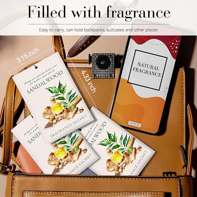 Sandalwood Scented Sachet Bags - 12 Pack Drawer & Closet Freshener, Long Lasting Odor Eliminator for Wardrobes, Cars & Storage, Home Fragrance Air Freshener Sachets
