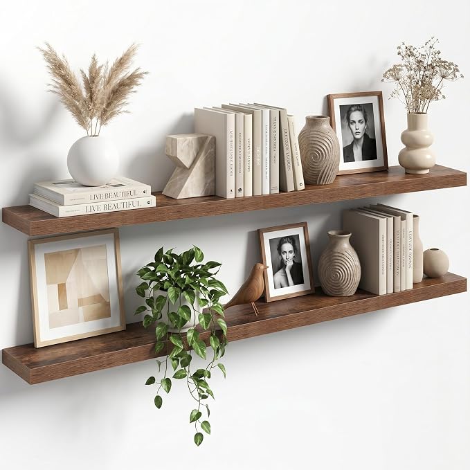 55" Floating Shelves for Wall, Set of 2, 8" Deep, 1.5" Thick, Brown | Rustic Wood Wall Shelves with Invisible Brackets, Storage and Display for Bathroom, Bedroom, Living Room or Kitchen