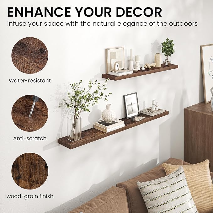Heimlove 36 Inch Floating Shelves for Wall,Mounted Storage & Display Wood Shelves with Invisible Brackets,Hanging Shelf for Bedroom Living Room Kitchen Office,Set of 2,Rustic Brown
