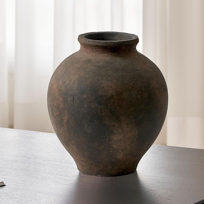 LB2 Brown Ceramic Large Vase, 11.8" Tall Zen Style vase, Terra Cotta Pitcher, Distressed Farmhouse Decor, Pottery Decorative Flower for Home Decor (C - Brown 11")
