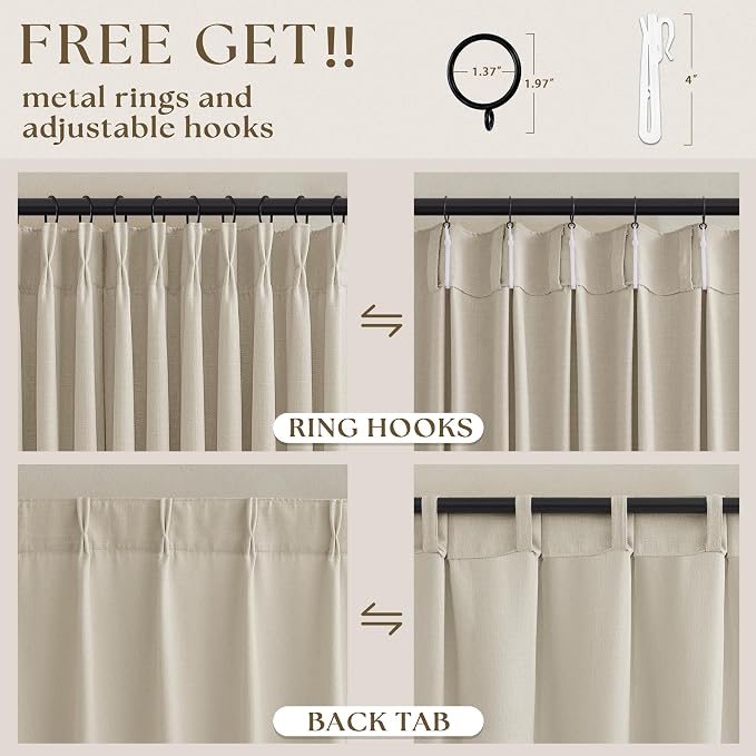 Oatmeal Pinch Pleat Linen Curtain 105 Inches Long for Living Room Back Tab Neutral Vintage Rustic Farmhouse Curtain Burlap Textured 105 Inch Sand Beige Pinch Pleated Drape for Dinning Room Bedroom