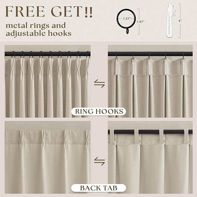 Oatmeal Linen Curtains 80 Inch Length 2 Panels Set for Living Room Dining Pinch Pleated Back Tab Thick Flax Beige Drape Neutral Rustic Burlap Semi Sheer 80 Inch Curtain for Bedroom Window Door