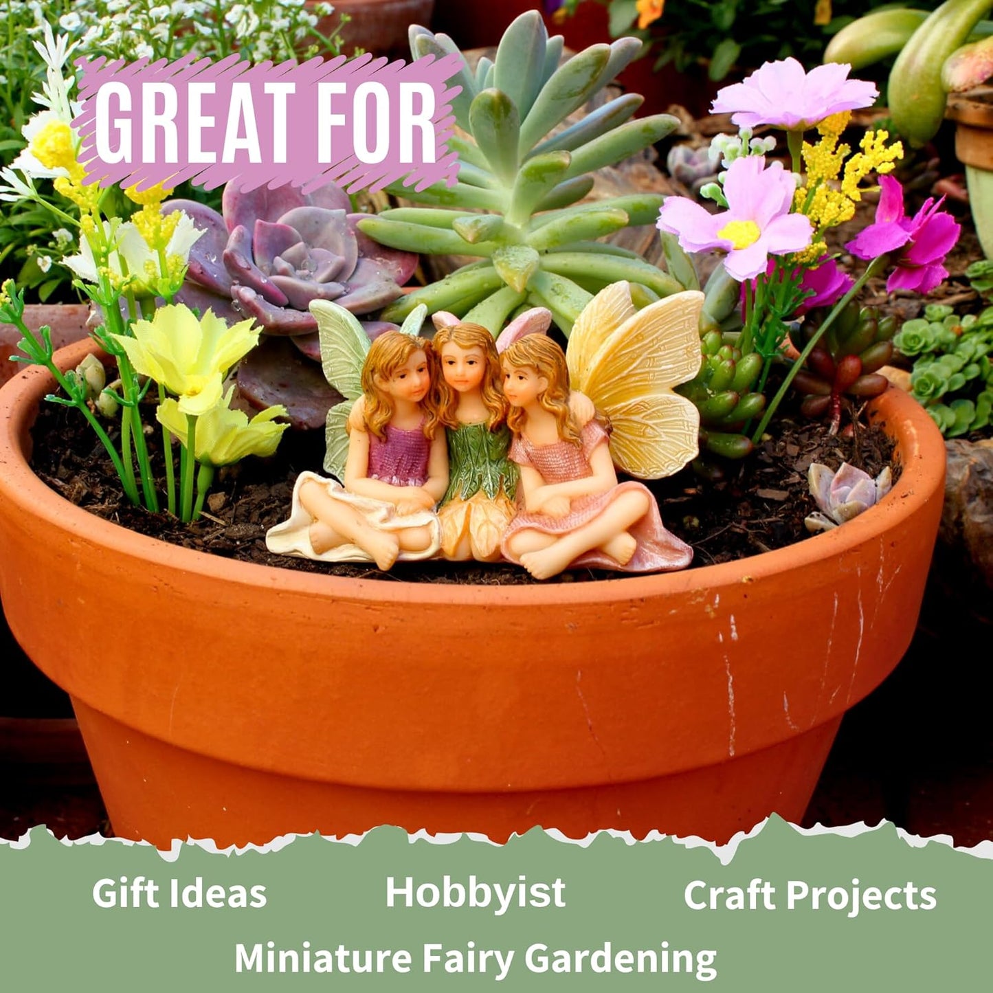 PRETMANNS Fairies for Fairy Garden - Accessories for an Outdoor or Indoor Miniature Garden – Adorable Hand-Painted Resin Figurines – 3 Sitting Sisters 1 Piece