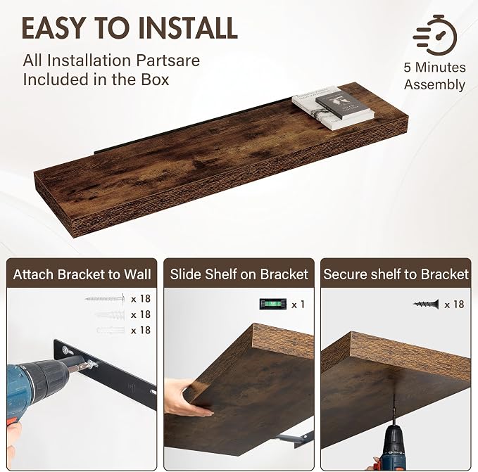 Acovy 48 Inch Floating Shelves, 12" Deep Floating Shelf Wall Mounted, 48" Wall Shelves, Rustic Deep Bookshelf, Extra Deeper & Thicker Display Shelves for Bedroom, Living Room, Brown, Set of 2