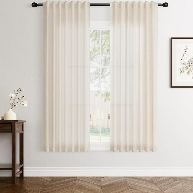 Jowels Cream Linen Curtains 60 Inch Long 2 Panels for Living Room | Beige Flax Light Filtering Sheer Curtain,Back Tab Pocket Pleated Look,Farmhouse Textured Privacy Drapes for Bedroom Window