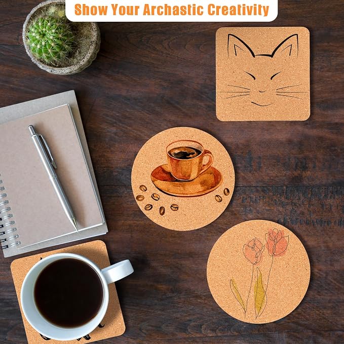 Yaomiao 100 Pcs Cork Coaster Bulk 4 Inch Wooden Coaster Set for Drink Tea Coffee Blank Absorbent Heat Resistant Reusable Home Table Round Square Friend Warm Gift DIY Craft Cafe Kitchen