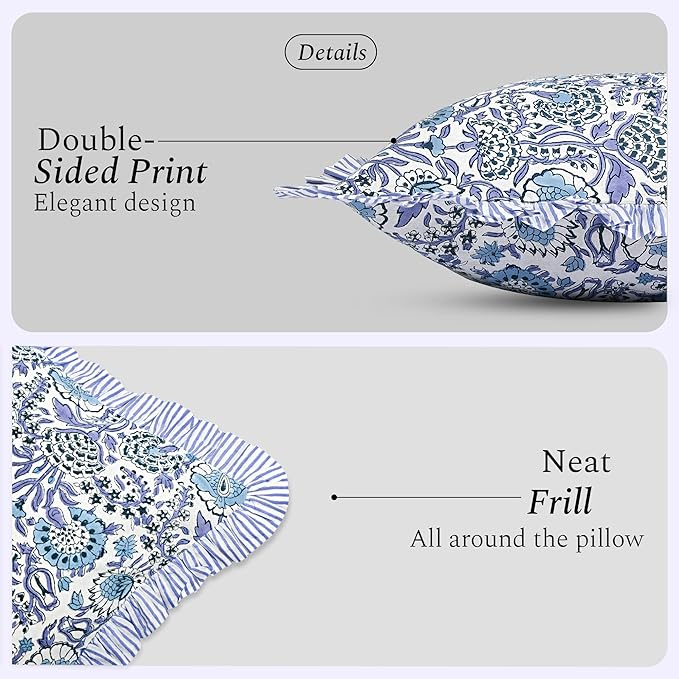 CPC Indigo Blue 100% Cotton Block Print Ruffle Pillow Cover 16X16 inch, Handmade Boho Floral Pillowcase, Farmhouse Cottagecore Bedding, Soft Decorative Cushion Cover for Bedroom Décor
