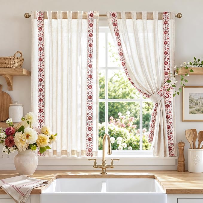 jinchan Red Floral Embroidered Short Linen Curtains 54×54 Inches 2 Panels | Light filtering, back tab, rod pocket, cafe curtains for kitchen bedroom living room, cottage farmhouse, small window