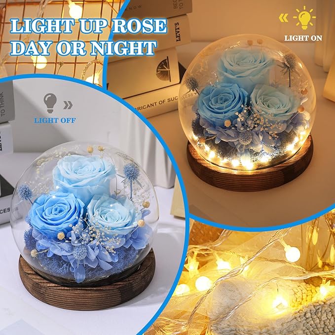 FIACO Gifts for Mom Mother Day Preserved Flowers in Glass Dome Long-Lasting Eternal Roses Birthday Gifts for Women Grandma Wife Girlfriend Her Girlfriend Forever Flowers for Delivery Prime Blue