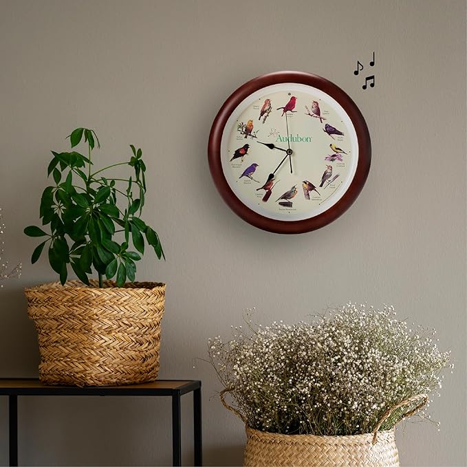 Mark Feldstein, Audubon Singing Bird Wall Clock, 13 Inch, Premium Cherry