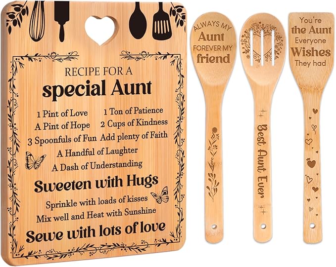 Gifts for Aunt - "Recipe for a Special Aunt" Aunt Birthday Gifts Cutting Board Set, Bamboo-Made Engraved Utensil Set, Aunty Birthday Gifts, Mothers Day Gifts for Aunt