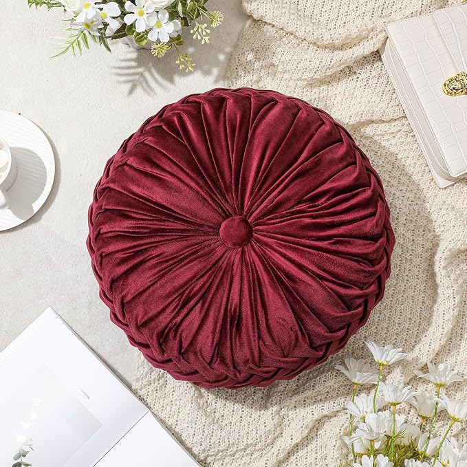Drydiet 1 Pcs Round Throw Velvet Pillows Decorative Pleated Throw Pillows Diameter Accent Pumpkin Boho Chair Cushion for Couch Sofa Home Decoration (Burgundy,15'')