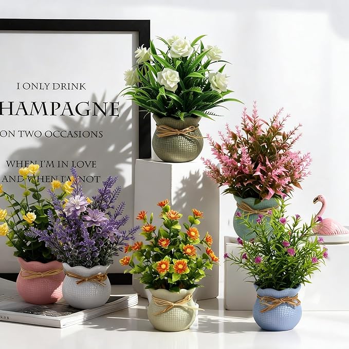 Yoratee 6PCS Artificial Flowers Pot Small Fake Plants with Mini Potted Plants for Home Office Tabletop Centerpiece Decoration