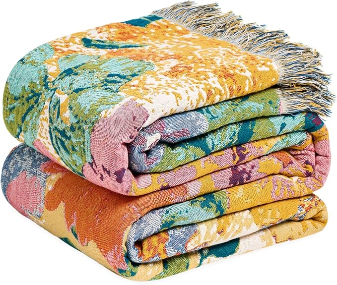 MSGKV Boho Throw Blanket for Bed 60"x80" Cotton Couch Blankets Floral Twin Size Summer Breathable Farmhouse Blankets All Seasons Lightweight Muslin