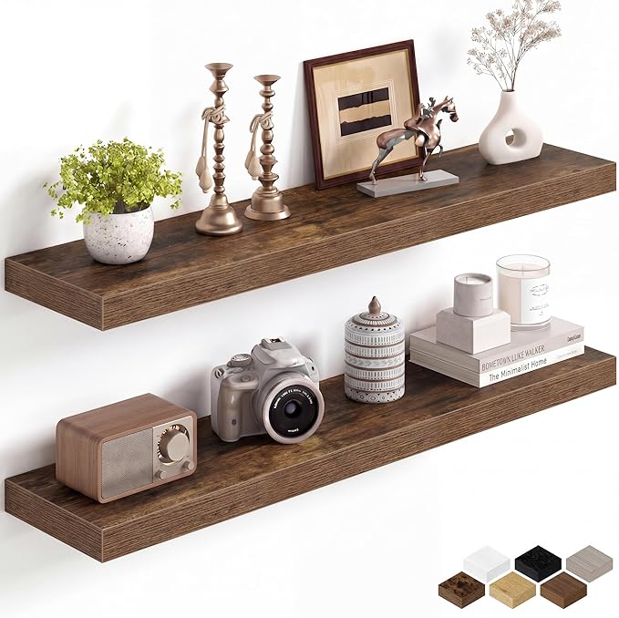 Fun Memories 36Inch Floating Shelves for Wall, 8 Inch Deep Shelves for Bathroom|Bedroom|Kitchen, Large Wall Mounted Wood Hanging Shelf with Invisible Brackets for Home Storage Decor, Brown - 2 Pack