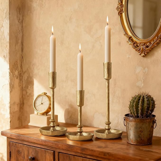 Vintage Cast Iron Taper Candle Holders Set of 3 Antique Brass Candlestick Stands Rustic Wedding Dining Table Centerpieces Elegant Party Decor Housewarming Gift