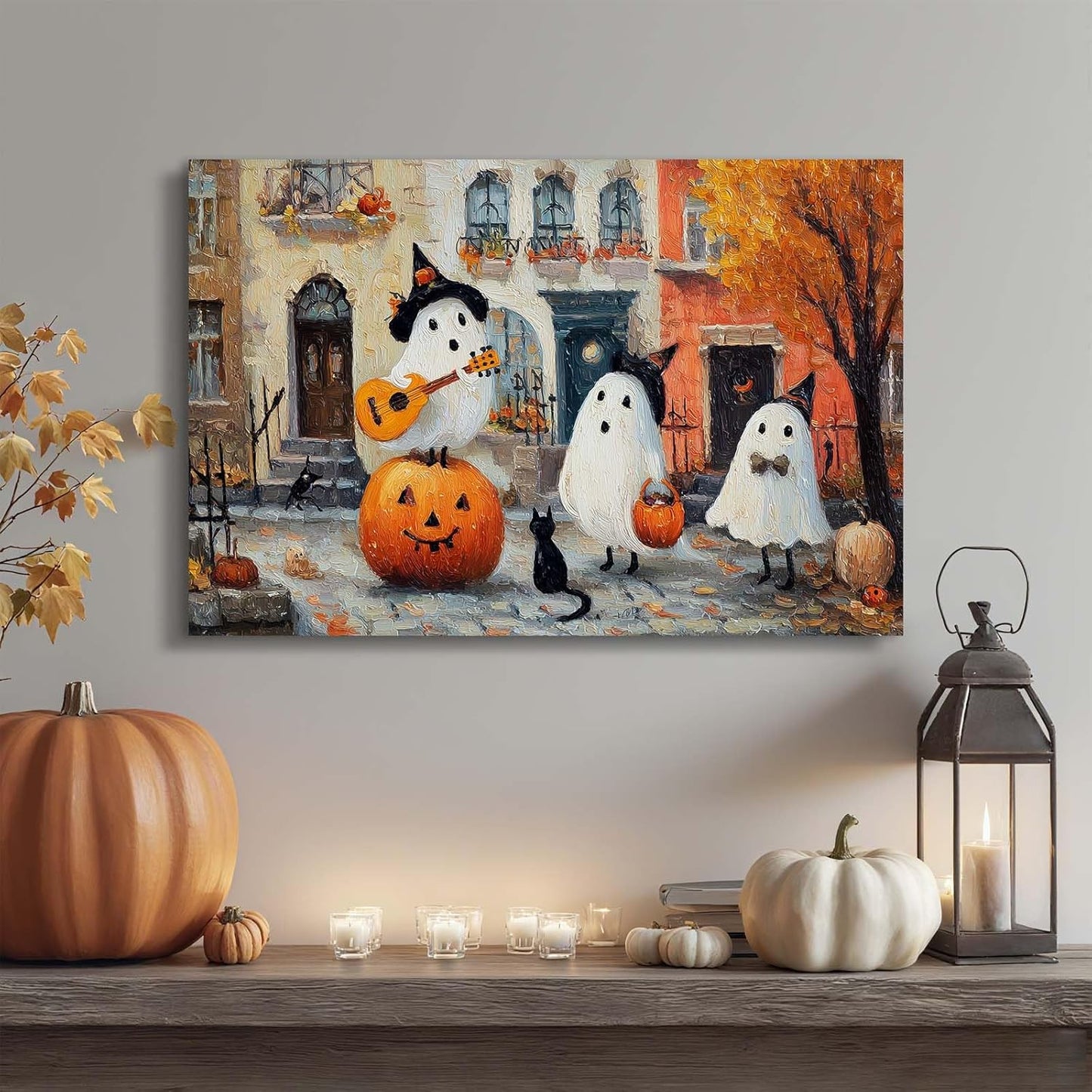 Laoife Vintage Halloween Canvas Wall Art, Autumn Pumpkin Cute Ghost Canvas Prints, Halloween Party House Decoration (Ghost 5)