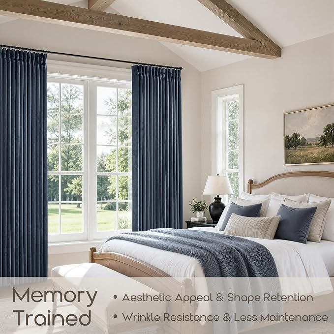 102 Inch Pleated Blue Curtains 2 Panels Set Navy Moody Light Filtering Linen Textured Window Pinch Pleat Drapes with Hooks Rings 102 Inches Semi Sheer Privacy Back Tab Curtains for Living Dining Room