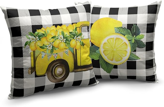 Lemon Pillow Covers Yellow Truck with Lemon Blossom Throw Pillow Covers Black Buffalo Plaid Cushion Case 16x16 Set of 2 for Living Room Farmhouse Patio Car