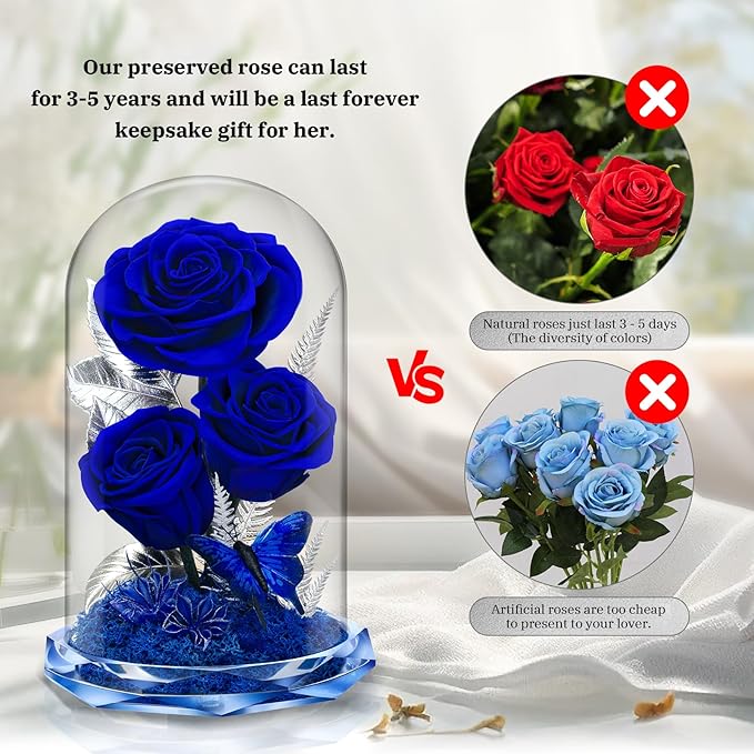 Preserved Rose in Glass Dome - Forever Flowers for Women, Mom, Wife - Birthday, Anniversary, Valentine's - Fresh Flowers for Delivery Prime (Blue)