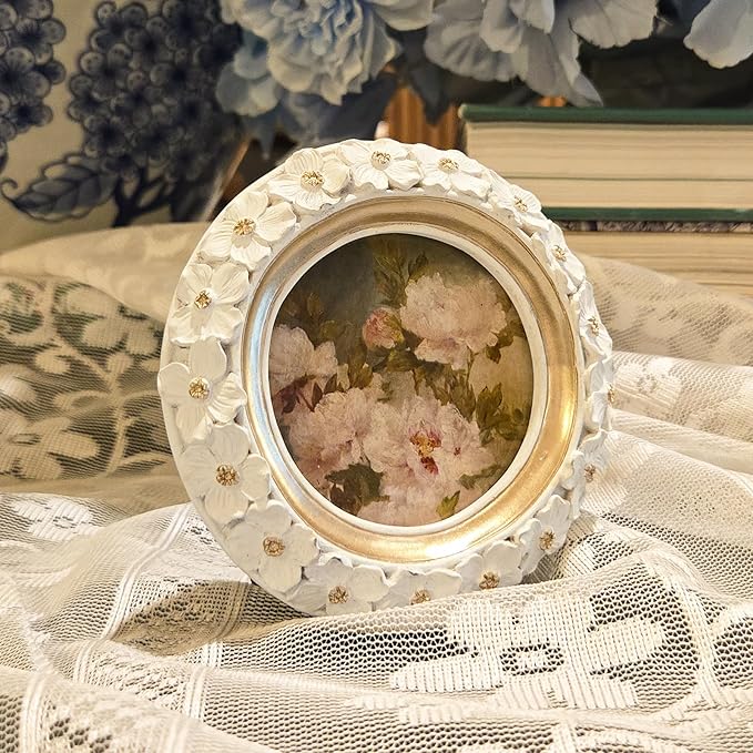 SYLVIA'S SHOP 3x3 Small Vintage Round Picture Frame, Mini Antique White Ornate Circle Photo Frame, for Tabletop and Wall Display, Decorative Floral Design Retro Home Decor, Photo Gallery Art