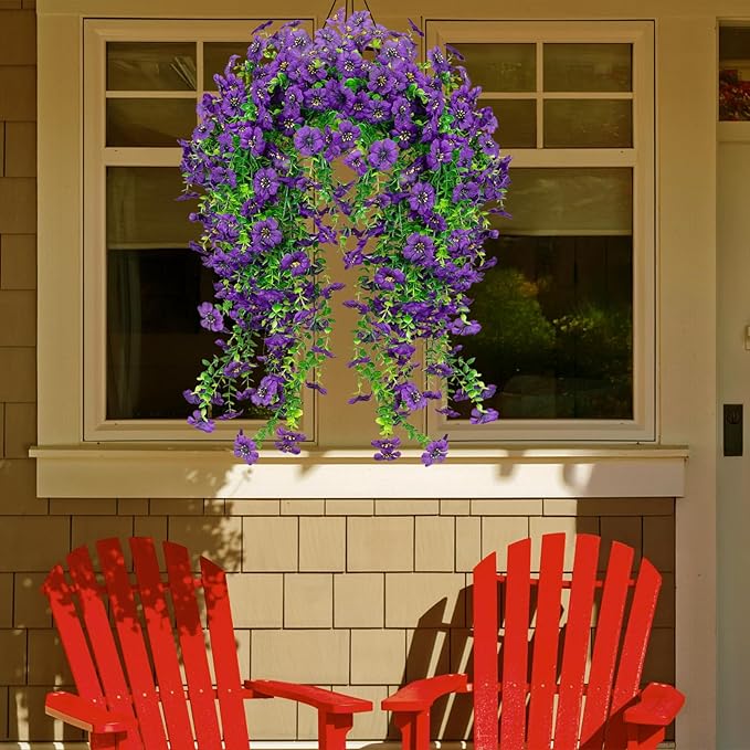 LikSoor 4 Pcs Artificial Outdoor Hanging Plants Spring Summer Decoration UV Resistant Faux Silk Flowers for Outside, Garden, Porch, Window, Home Decor (Purple+)