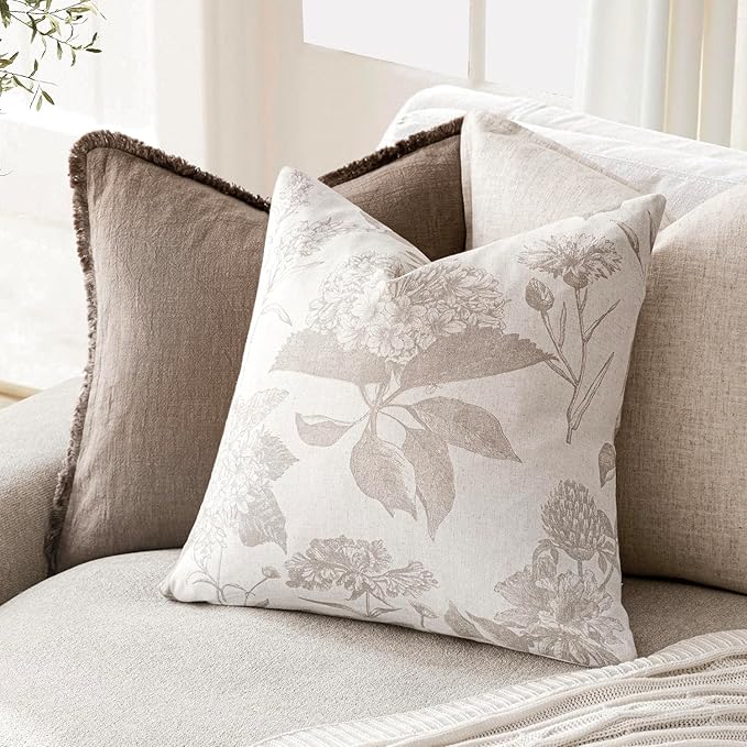 Foindtower Set of 2 Linen Floral Vintage Throw Pillow Covers Neutral Accent Print Decorative Cushion Covers Farmhouse Home Decor for Sofa Chair Couch Bedroom Living Room,18×18 Inch,Tan Beige