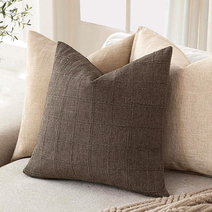 Foindtower Set of 2 Decorative Linen Check Throw Pillow Covers Neutral Farmhouse Vintage Cushion Covers Modern Boho Home Decor for Sofa Chair Couch Bedroom Living Room,26×26 Inch,Dark Brown