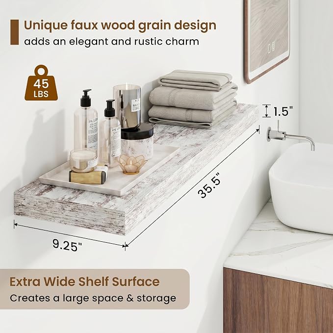 36in Floating Shelves for Wall, 36"W x 9.25"D x 1.25"H, 2 Pack Long Wall Mounted Engineered Wood Shelves with Invisible Brackets for Living Room, Bedroom, Bathroom, Kitchen, Vintage White