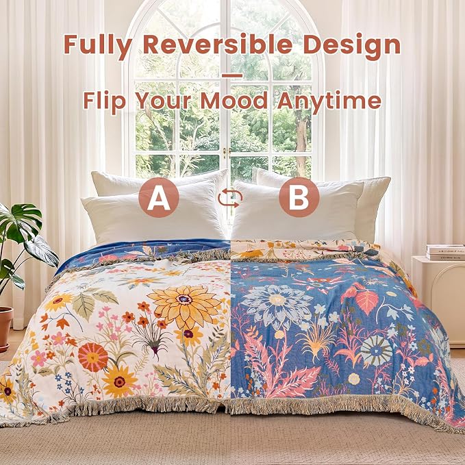 MSGKV Boho Throw Blanket for Bed 60"x80" Cotton Floral Twin Size Blanket Lightweight Farmhouse Muslin Summer Breathable Couch Blankets Home Decor All Seasons