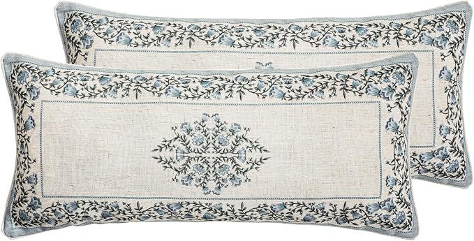 ISAENNE Designer Linen Throw Pillow Cover,Set of 2,28"x12"-Segerman A | Elegant Chinoiserie Rectangle Pillow Cover,Concealed Zipper Design,Floral Pattern,Sofas,Bedroom,Living Room,Lounge Chairs
