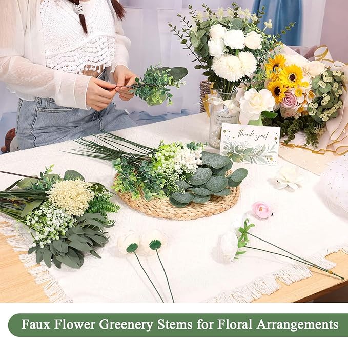 120Pcs 15 Kinds Mixed Artificial Eucalyptus Leaves Stems and Faux Flowers Bulk, Fake Silver Dollar Eucalyptus Bundle Plants Greenery Branches for Wedding Vase Bouquets Floral Arrangement Home Decor