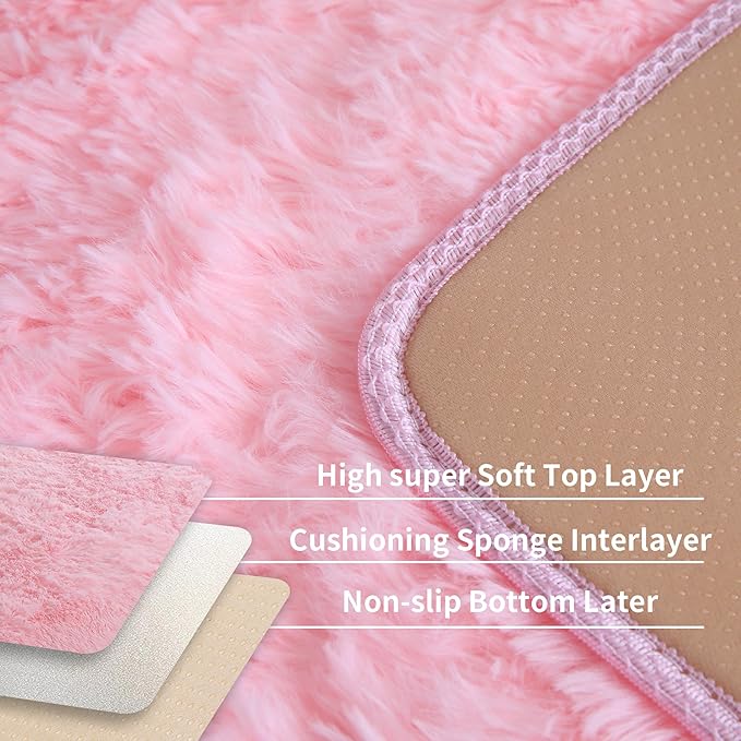Pink Fluffy 9x12 Large Area Rugs for Bedroom Living Room Girls, Soft Washable Fuzzy Furry Shag Rug for Kids Room, Nursery, Dorm Decor, Cute Plush Carpet for Baby Toddler