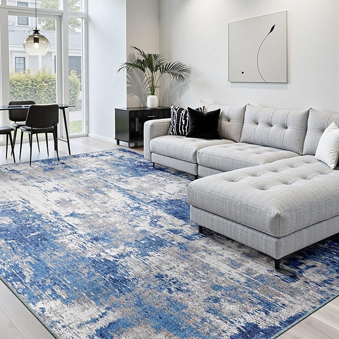 RELEANY Washable Area Rugs Square 10ft Non-Slip Modern Abstract Soft for Living Room Entryway Bedroom Nursery, Print Pattern, Blue Grey Navy Gray